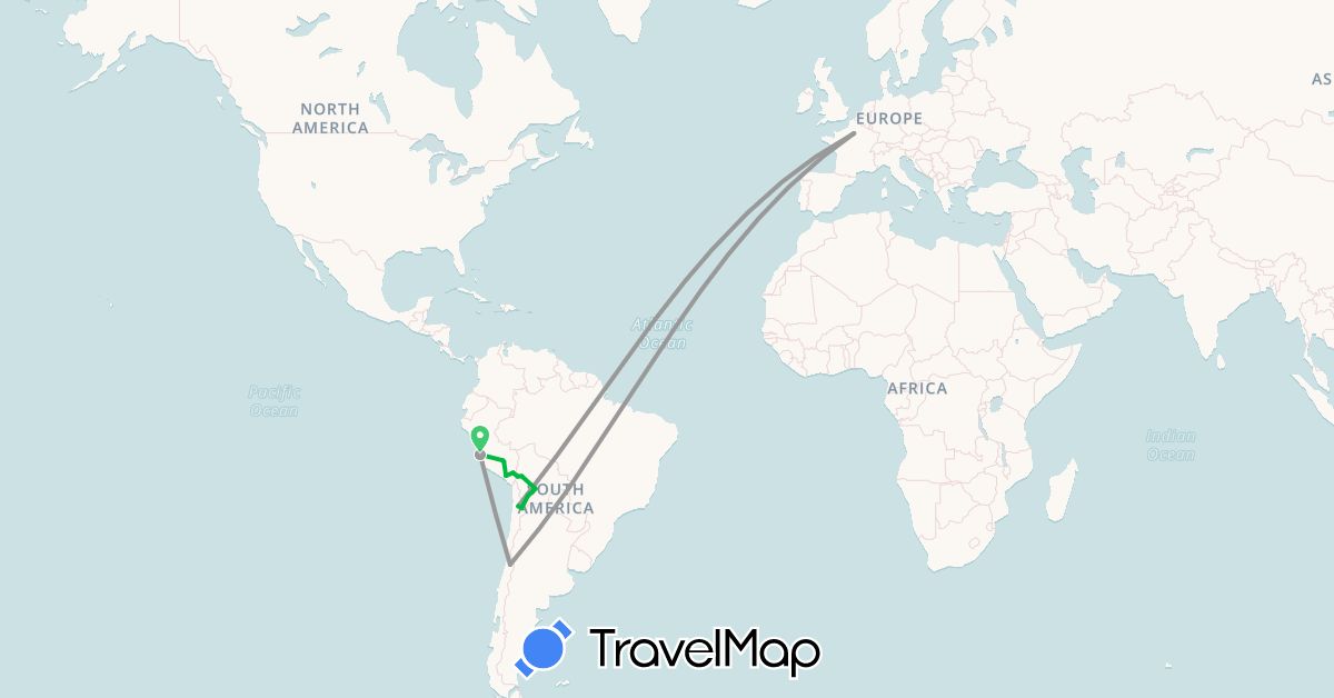 TravelMap itinerary: bus, plane in Bolivia, Chile, France, Peru (Europe, South America)